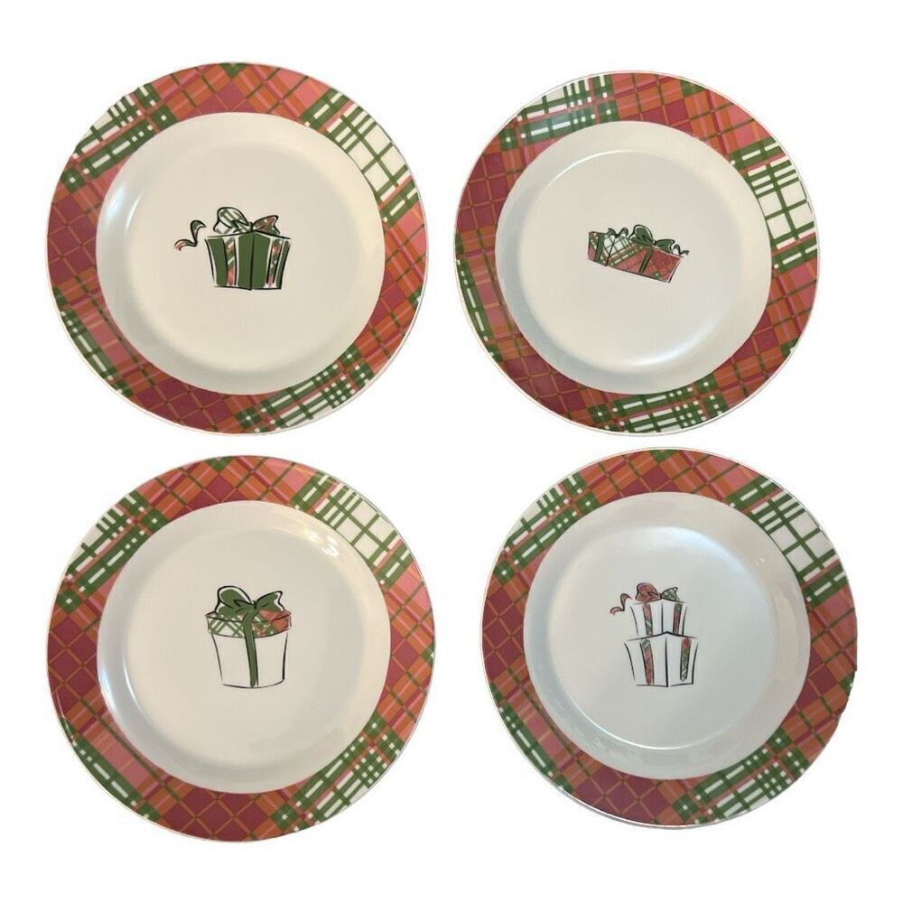 Crescent Fine China Jie Pai Pink & Green Plaid Gift Box 8" Porcelain Salad Plate